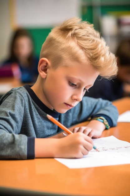 Młody chłopak odrabiający pracę domową przy biurku w szkolnej klasie stworzony za pomocą generatywnej sztucznej inteligencji