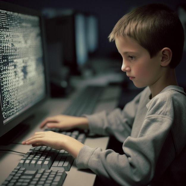 Młody chłopak pisze na klawiaturze komputera.