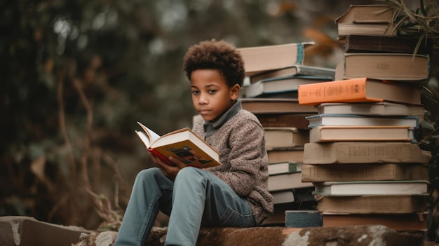 Młody chłopak siedzi na stosie książek czytając książkę.