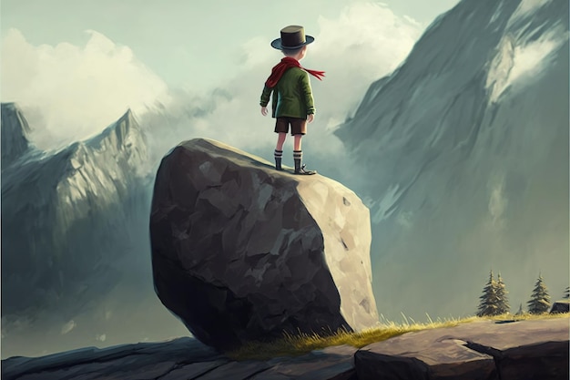 Młody chłopak stojący na górze i patrzący na skały unoszące się na niebie ilustracja w stylu sztuki cyfrowej malarstwo fantasy koncepcja chłopca na górze