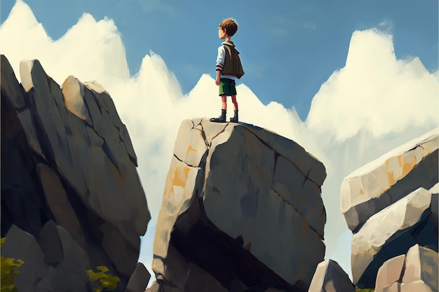 Młody chłopak stojący na górze i patrzący na skały unoszące się na niebie ilustracja w stylu sztuki cyfrowej malarstwo fantasy koncepcja chłopca na górze