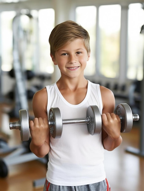 Zdjęcie młody chłopak trzyma dwa hantle na siłowni