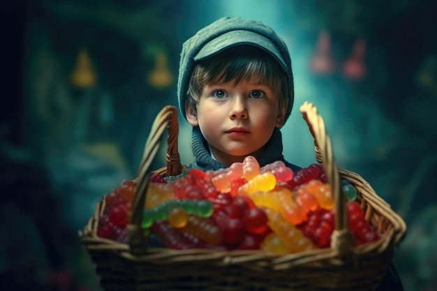Młody chłopak trzymający kosz pełen słodyczy