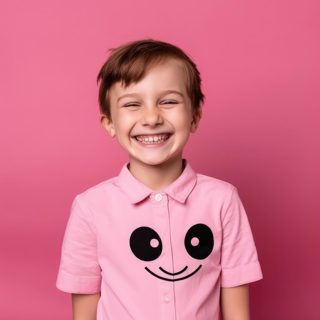 Młody chłopak ubrany w różową koszulę z uśmiechniętą buźką.