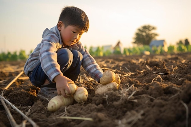 młody chłopak zbierający ziemniaki na polu