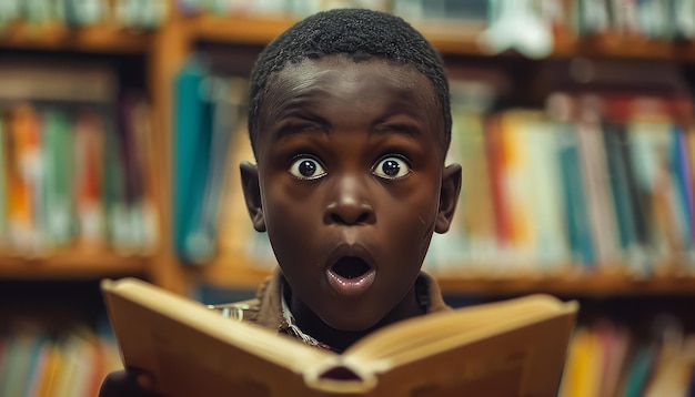 Młody chłopiec czyta książkę w bibliotece