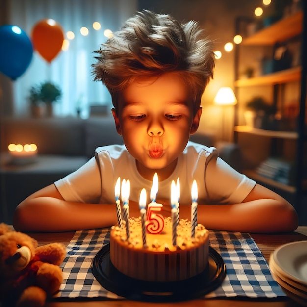 Młody chłopiec dmucha świece na torcie urodzinowym podczas wieczornej uroczystości