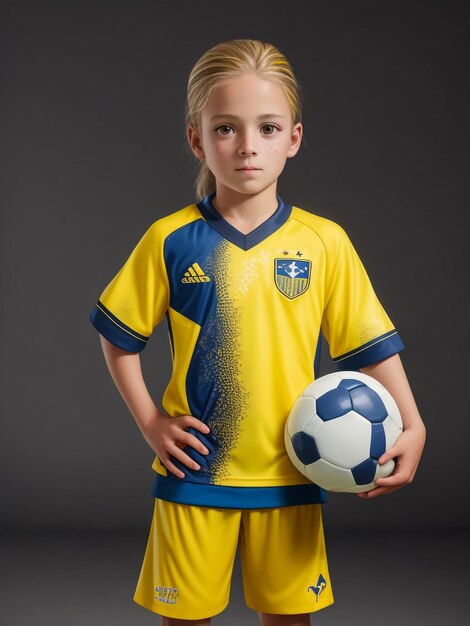 Zdjęcie młody chłopiec jako piłkarz w odzieży sportowej stojący z piłką jak zwycięzca