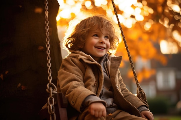 Młody chłopiec jeździ na huśtawce jesienią Uśmiecha się w promieniach zachodzącego słońca
