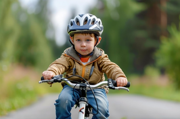 Młody chłopiec jeździ rowerem po drodze.