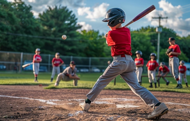 Zdjęcie młody chłopiec macha kijem baseballowym do piłki scena rozgrywa się na boisku baseballowym z kilkoma innymi graczami w tle