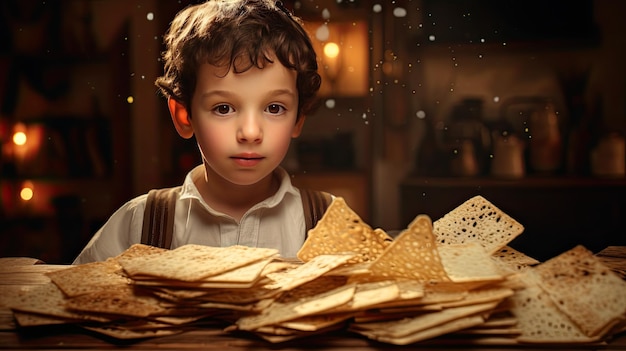 Młody chłopiec siedzący przed stosem chipsów z tortilli