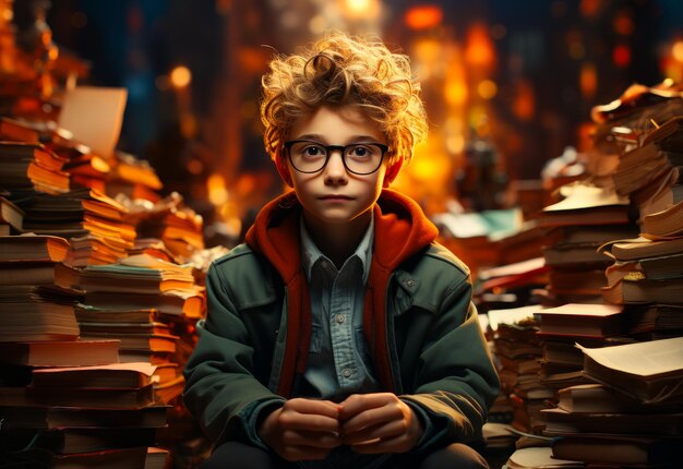 Zdjęcie młody chłopiec siedzący przed stosem książek