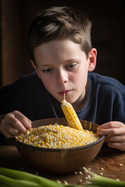 Młody chłopiec siedzący za miską kukurydzy i wkładający ją do ust stworzony za pomocą generatywnej sztucznej inteligencji