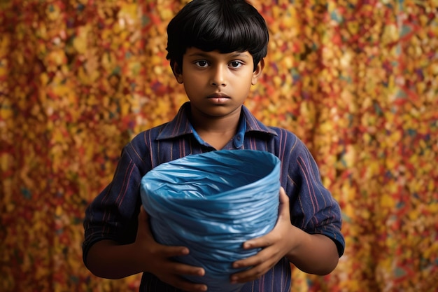Młody chłopiec trzymający dużą niebieską plandekę
