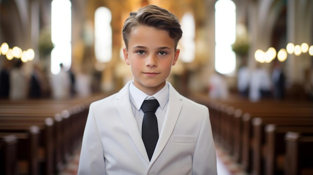 Zdjęcie młody chłopiec w formalnych ubraniach stoi w kościele.
