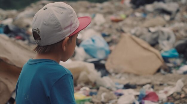 Zdjęcie młody chłopiec w niebieskim kapeluszu stoi przed stosem śmieci