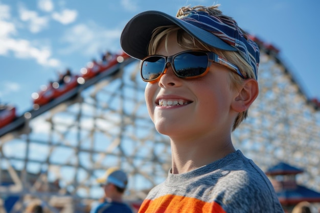 Młody chłopiec w okularach przeciwsłonecznych i czapce baseballowej