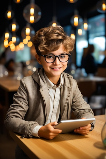 Zdjęcie młody chłopiec w okularach z tabletem w ręku generatywna sztuczna inteligencja
