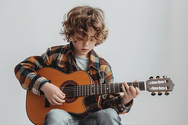 Młody chłopiec w zwykłym stroju pojawił się grając na gitarze nad białym otoczeniem Generatywna sztuczna inteligencja