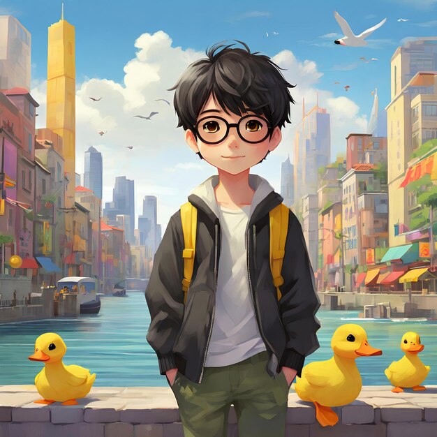 Młody chłopiec z czarnymi okularami w towarzystwie żywej żółtej kaczki