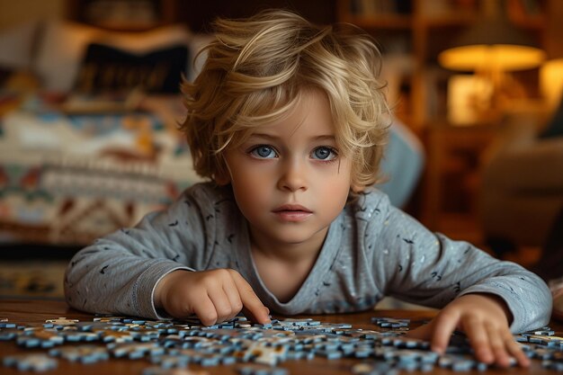 Młody chłopiec z skupionym wyrazem twarzy siedzi przy stole i uważnie patrzy na układankę