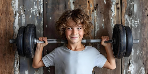 Zdjęcie młody chłopiec z uśmiechami pokazuje swoją siłę z dzwonkiem koncepcja fitness trening siła uśmiech młody dorosły ćwiczenie