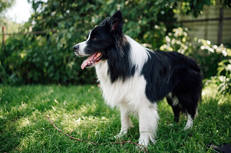 młody czarno-biały border collie na trawie