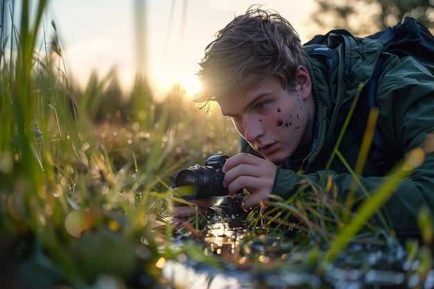 Zdjęcie młody człowiek czołgający się przez mokrą trawę