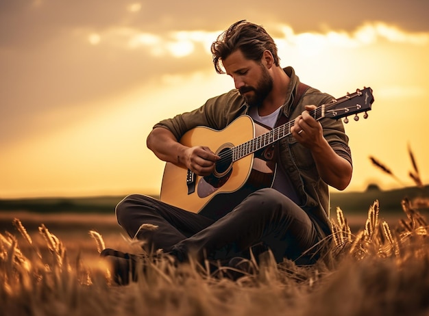 Młody człowiek gra na gitarze na polu i cieszy się grą