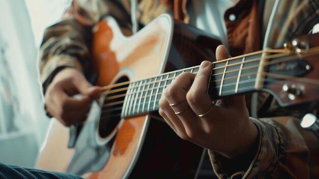 Młody człowiek grający na gitarze instrument akustyczny melodia muzyczna