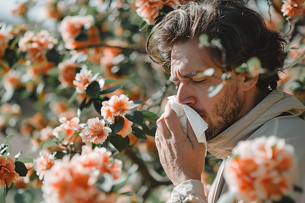 Młody człowiek kicha z powodu alergii pokryty białą chusteczką otoczonym kwiatami