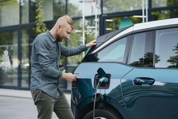 Młody człowiek ładuje samochód elektryczny