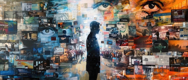 Zdjęcie młody człowiek na abstrakcyjnym tle treści cyfrowych sylwetka osoby w porównaniu z wzorem mediów społecznościowych koncepcja sieci łączy światowy świat ludzi online i technologii