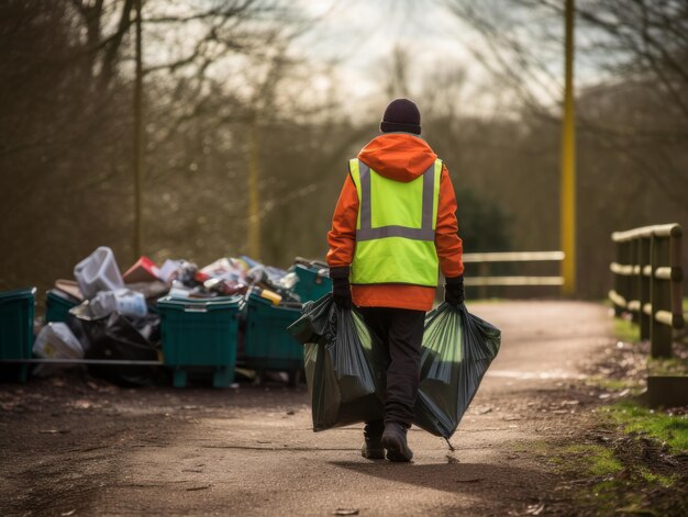 Młody człowiek niosący worki z materiałami do recyklingu do dedykowanego pojemnika