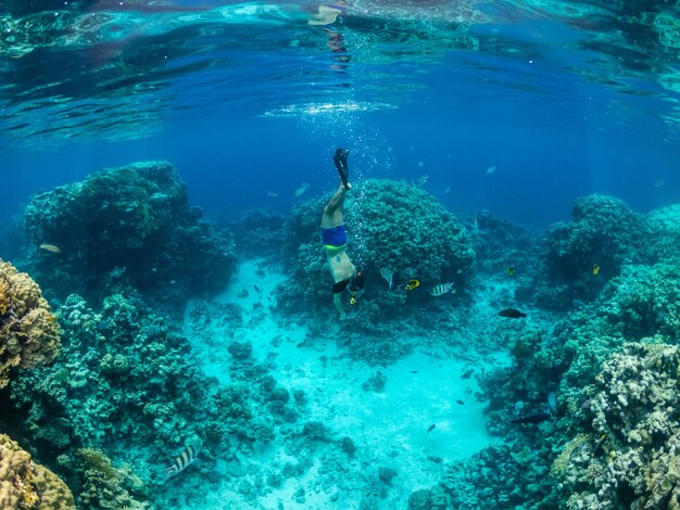 Młody człowiek nurkuje na rafie koralowej w tropikalnym morzu