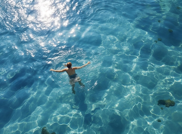 Młody człowiek pływający w niebieskiej wodzie Zdjęcie wysokiej jakości