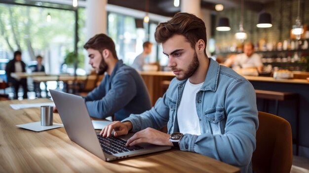 Młody człowiek pracujący na laptopie, freelancer lub student z komputerem w kawiarni przy stole