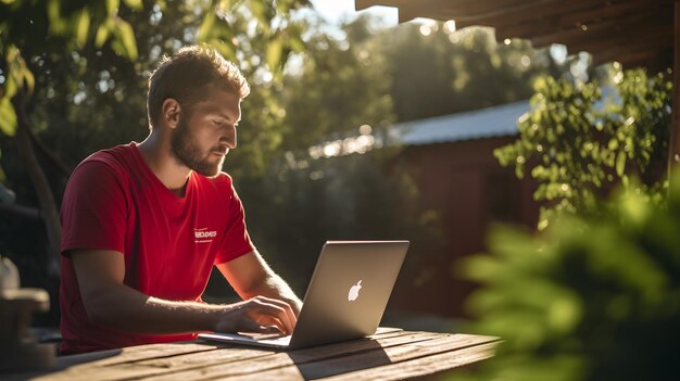 młody człowiek pracuje na laptopie w koncepcji ogrodu ai