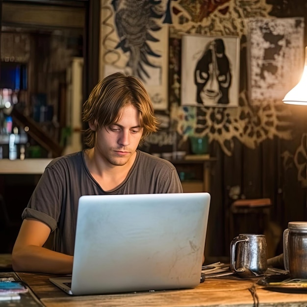 Młody człowiek pracuje na swoim laptopie w pubie