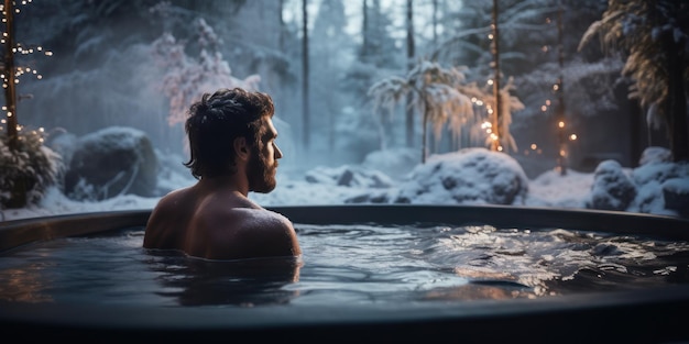 Młody człowiek relaksujący się w wannie w zimie cichy moment w spa w lesie wieczór generatywny ai