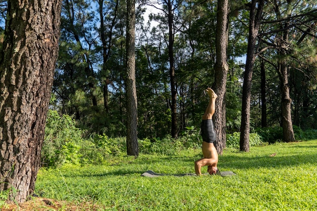 Młody człowiek robi jogę lub reiki w lesie bardzo zielona roślinność w meksyku guadalajara bosque colomos hispanic