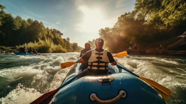 Zdjęcie młody człowiek robi rafting na rzece generatywna sztuczna inteligencja