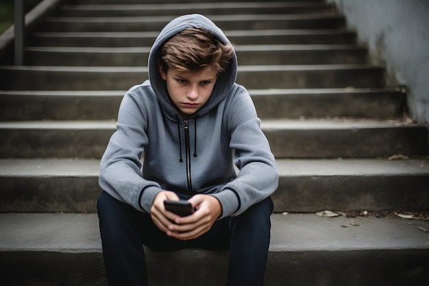 Młody człowiek siedzący na schodach patrzący na swój telefon komórkowy Generatywna sztuczna inteligencja