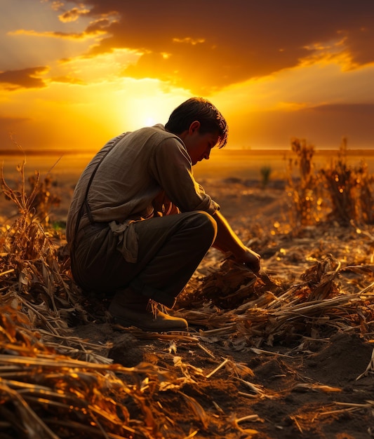 Młody człowiek siedzi na kucyku na polu Farmer pracuje z suchymi roślinami lub chwastami o zachodzie słońca