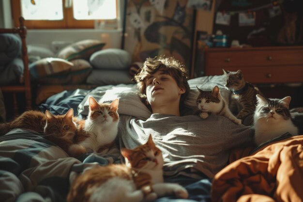 Zdjęcie młody człowiek śpi ze swoimi kotami na swoim łóżku.