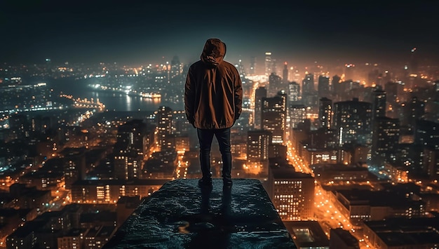 Młody człowiek stoi na dachu wieżowca i patrzy na nocny widok wielkiego miasta Generative AI