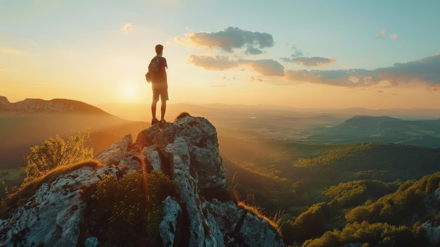 Młody człowiek stojący na szczycie klifu w letnich górach przy zachodzie słońca i cieszący się widokiem natury
