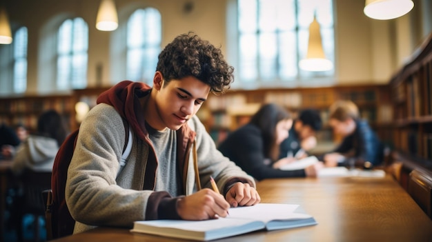 Młody człowiek student studiuje w bibliotece