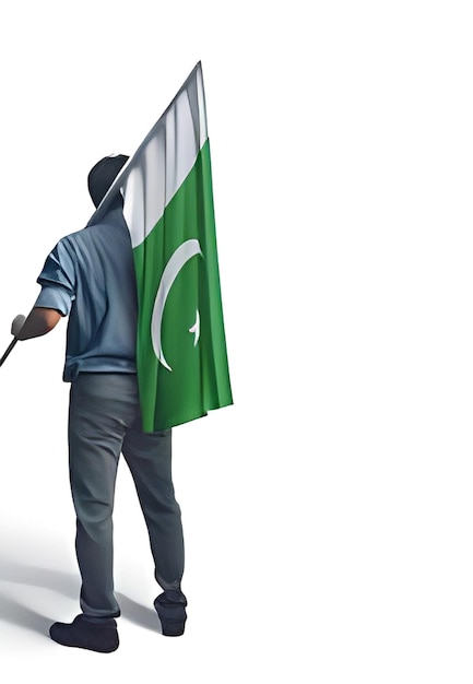 Młody człowiek trzymający flagę Pakistanu na białym tle Flaga Pakistanu